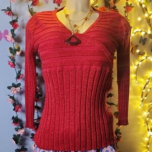 August Silk Red V-Neck Sweater with Ribbed Knit